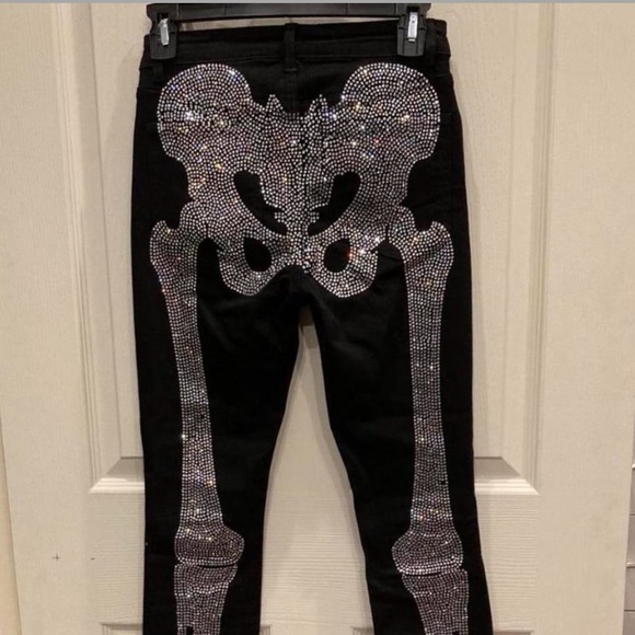 Klan Life Clothing Women’s Skeleton Rhinestone Denim Pants - Picture 3 of 4